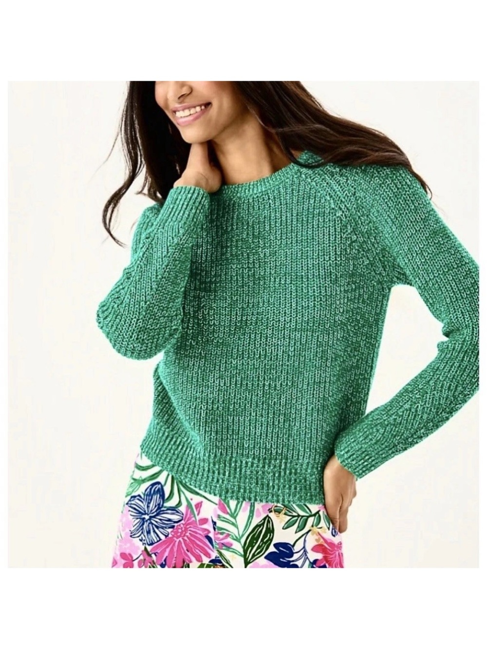 Lilly Pulitzer BELGRAVE Sweater in Kitts Green Marl Women's L 100% Cotton Knit